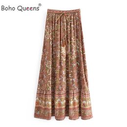 Skirts Boho Queens Hippie Women Bohemian Animal Floral Print Beach Skirt High Elastic Waist Maxi Long ALine Femme 230607