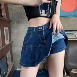 Skirts Sexy Slim Fit Denim Short for Women Korean High Waist Antiglare Pleated Skirt Woman Y2k Elastic Ruffles Jean Mini 230607