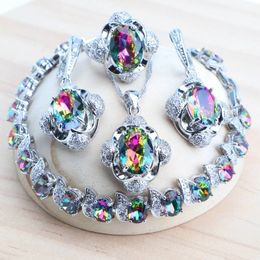 Wedding Jewelry Sets Magic Rainbow 925 Silver Bridal Fine Costume Jewellery Women Earrings Rings Bracelets Set Pendant Necklace 230607