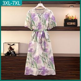 Plus Size Dresses 2023 Summer Dress For Women Large Loose Short Sleeve Purple Floral Print Midi 3XL 4XL 5XL 6XL 7XL