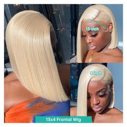 613 HD Lace Frontal Wig Honey Blonde Coloured Human Hair Wigs For Women Straight Lace Front Short Bob Wig