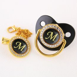 Baby Teethers Toys Luxury Black Bling Baby Pacifier And Clip Alphabet Letter M Infant Pacifier Gold Letter Unique 26 Name Initials Baby Shower Gift 230606