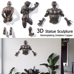 Decorative Objects Figurines Electroplating Imitation Copper Wall Decor Abstract Character Climbing Man Statue Sculpture 3D Through Wall Art 230606