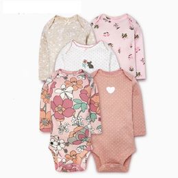 Rompers Long Sleeve Baby Bodysuit Boy Girl Clothes Cotton Cute Floral born Costume O-Neck Unisex Born Rompers 5pcs/set 230606