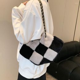 Evening Bags Checkerboard Fluffy For Women Winter Soft Furry Shoulder Fur Crossbody Unique Plush Handbags Chains Messenger Bag