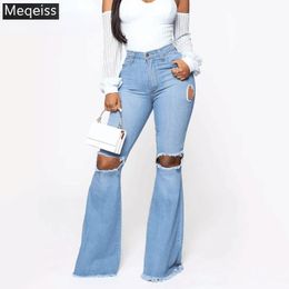 Jeans Meqeiss Womens Sexy Hole Button Zipper Pocket Jeans Casual Denim Flares Wide Leg Slim Pants 2020 New Blue Ladies Jeans