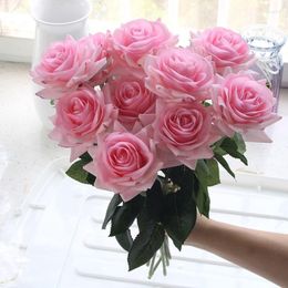 Decorative Flowers 7pcs Pink Rose Artificial Real Touch Silk For Home Wedding Table Bouquet Party Decoration