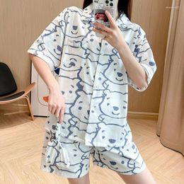 Women's Sleepwear Korean Pijama Women's Cute Cartoon Print Bear Summer Chic Homewear Short Sleeve Pant 3 Pieces Pajamas Set Anime