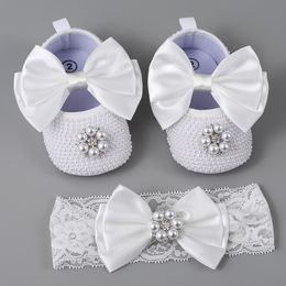 First Walkers Luxury Pearl Baby Girl Shoes First Walker Headband Set Sparkle Bling Crystals Princess Shoes Baby Shower Gift SH 230606