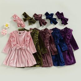 Girl Dresses Toddler Baby 2Pcs Lace Velvet Dress Princess Lovely Kids Long Sleeve Bow Front Headband Winter Outfits Set