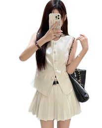 Women's high quality sleeveless blazer vest and high waist pleated short skirt twinset 2 pc dress suit SML