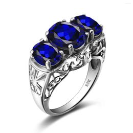 Cluster Rings Vintage 925 Sterling Silver Ring For Women Sapphire Blue 3 Stone Unique Creative Banquet Party Fine Jewelry 2023