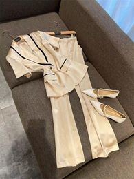 Women's Two Piece Pants Women Elegant Satin Suit Jacket Coat Top And Flares Long Pant Set Matching Outfit Office Ladies High Quality