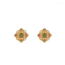 Stud Earrings S925 Sterling Silver Gold-plated Hetian Jasper National Tide Filigree Lucky Snowflake Elegant