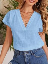 Dress Cotton Linen Blouse 2022 Summer V Neck Short Sleeve Women Solid Colour Blouses Casual Office Loose White Blue Tops Blusas Mujer