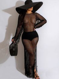 Lässige Kleider Sexy Sommer Crochet Hollow Out Quaste Strandkleid für Frauen Urlaub Beachwear Cover-up Badeanzug Sheer Urlaub Party lang