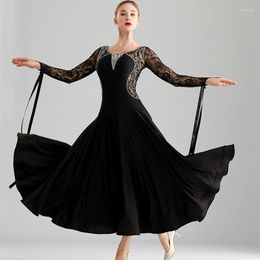 Stage Wear Black Sexy Modern Dance Costumes Long Sleeves Women Waltz Ballroom Dress