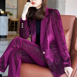 Women's Two Piece Pants Korean Autumn Formal Ladies High Quality Velvet Blazer Women Business Suits With Sets Work Wear Office Uniform