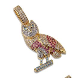 Pendant Necklaces Mens Hip Hop 18K Gold Mticolor Cubic Zirconia Owl Necklace Twist Chain Iced Out Animal Cartoon Rapper Jewelry Gift Dhfhp