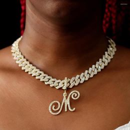 Chains Punk Hiphop 14MM Cuban Chain CZ Cursive Letter Necklace For Women Bling Crystal Initials Necklaces Party Jewellery