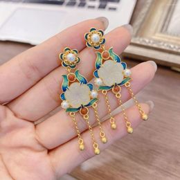 Dangle Earrings Retro Style S925 Sterling Silver Gold-Plated Design Inlaid Natural Hetian Jade Flower Roasted Blue Accessories Pearl