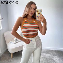 Tops Klacwaya Women 2021 Fashion Summer Hedging Knitted Striped Halterneck SlimFit Halter Vest Vintage Sexy Backless Female Chic Top