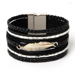 Charm Bracelets Kirykle Vintage Leaf Feather Multilayer Leather Bracelet Men Fashion Braided Handmade Rope Wrap Female Jewellery Gifts