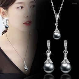 Necklace Earrings Set KIOOZOL Vintage Grey Silver Colour Imitation Pearl Pendant And Stud For Women Wedding Party Jewellery KO6