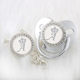 Baby Teethers Toys Luxury Silver Crown 26 Name Initial Letter Baby Pacifier With Clip Infant Silicone Dummy Soother Bling Teat For Baby Unique Gift 230606