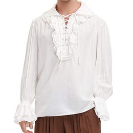 White Lace Up Ruffles Turn Down Collar Flare Sleeve Medieval Renaissance Vintage Pirate Shirt Gothic Top Victorian Clothes