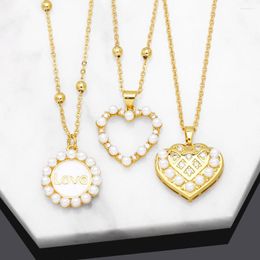 Pendant Necklaces Exquisite White Pearl Round Disc For Women Copper Gold Plated Heart CZ Crystal Couple Jewellery Gifts Nkeb725
