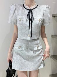 Work Dresses Elegant Fashion Small Fragrance Two Piece Set Women Puff Sleeve Shirt Crop Top Mini Skirt Sets High Street Summer 2 Suit