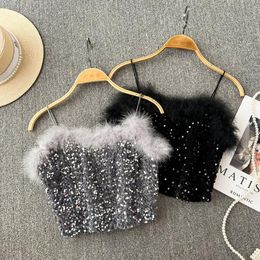 Camis Chic Glitter Sequins Furry Camis Sexy Fashion Tank Top Sexy Off Shoulder Party Club Crop Top Autumn Women Clothes Streetwear y2k