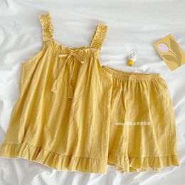 Women's Sleepwear Yellow Cute Suspender Nightdress Women Summer Sweet Pajamas Set Shorts Girls Sexy Home Clothes