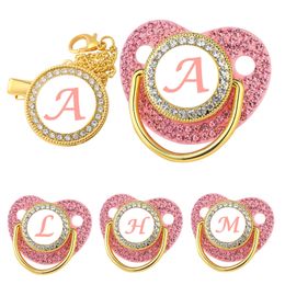 Baby Teethers Toys Luxury Zircon Baby Pacifier Clip Pink Letter born Personalised Pacifiers Holder Bling Silicone Infant Teether Nipple BPA Free 230606