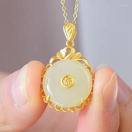 Pendant Necklaces Inheriting The Retro Gold Colour Blessing Word Synthesis Hetian Jade Ping'an Buckle Female Sent To Mother