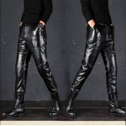 Pants Men Winter PU Faux Leather Pants Men Windproof Waterproof Motorcycle Biker Business Male Trousers Stretchy Leather Slim Fit