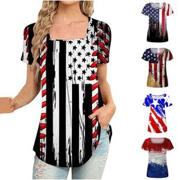 Women's T Shirts Summer Women's Tops Square Neck Pleated Printed Short Sleeve Shirt