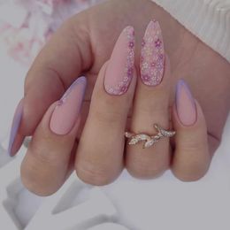 False Nails 24Pcs Cute Almond Frosted Flower With Glue French Design Wearable Fake Sweet Full Cover Press On Tips