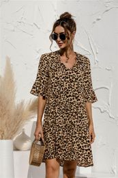 Dresses Summer Floral Women Dress Stitching Mini Casual ShortSleeve Vneck Flared Sleeves Female Holiday Sexy Leopard Print Lady Dresses