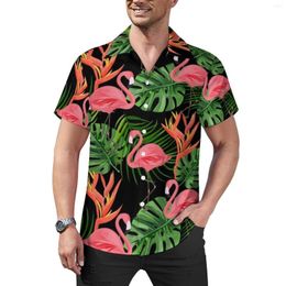 Men's Casual Shirts Flamingo Print Loose Shirt Man Beach Tropical Plants Hawaiian Design Short Sleeve Trending Oversize Blouses