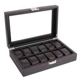 OUTAD 12 Slots Carbon Fibre Watch Box Jewellery Watch Display Storage Holder Rectangle Black Leather Case214U