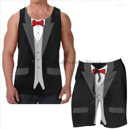 Men's Tracksuits Summer Funny Print Men Tank Tops Women Black Tuxedo Red Bowtie And Vest Beach Shorts Sets Fitness