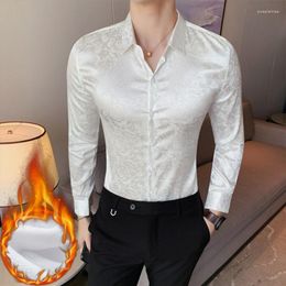 Men's Casual Shirts Autumn Winter Thick Warm Long Sleeve Floral For Men Clothing 2023 Slim Fit Business Prom Tuxedo Chemise Homme Sale