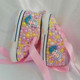 First Walkers Handmade Bow Pearl Rhinestones Baby Girls Shoes Hairband First Walker Sparkle Christmas Mermaid Crystals Princess Shoes Shower 230606