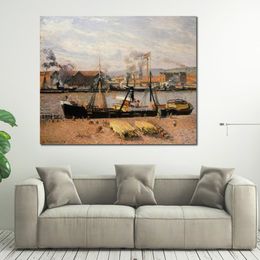 Hand Painted Impressionist Landscape Canvas Art Rouen Port Unloading Wood Camille Pissarro Painting Modern Restaurant Decor