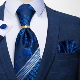 Neck Ties Men's Tie Handkerchief Cuffink Necktie Set Jacquard Woven Silk Blue Wedding Formal Business Party Necktie Ring Set DiBanGu 230607