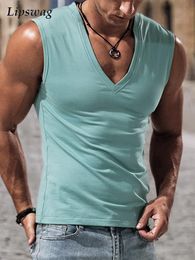 Fashion Sleeveless Tee Tops Summer Men Solid Colour Casual Tank Top Clothes Mens Loose V Neck Vest Pullovers Male 2022