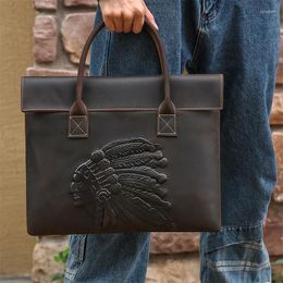 Briefcases Slim A4 Brown Top Grain Genuine Crazy Horse Leather Executive Men Briefcase Portfolio Handbag 14'' 15.6'' Laptop