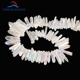 Crystal CAMDOE DANLEN Natural Large Rainbow White Mystic Titanium Quartz Rock Raw Crystal Pillar Top Drilled 15" Strand Diy Jewellery Part